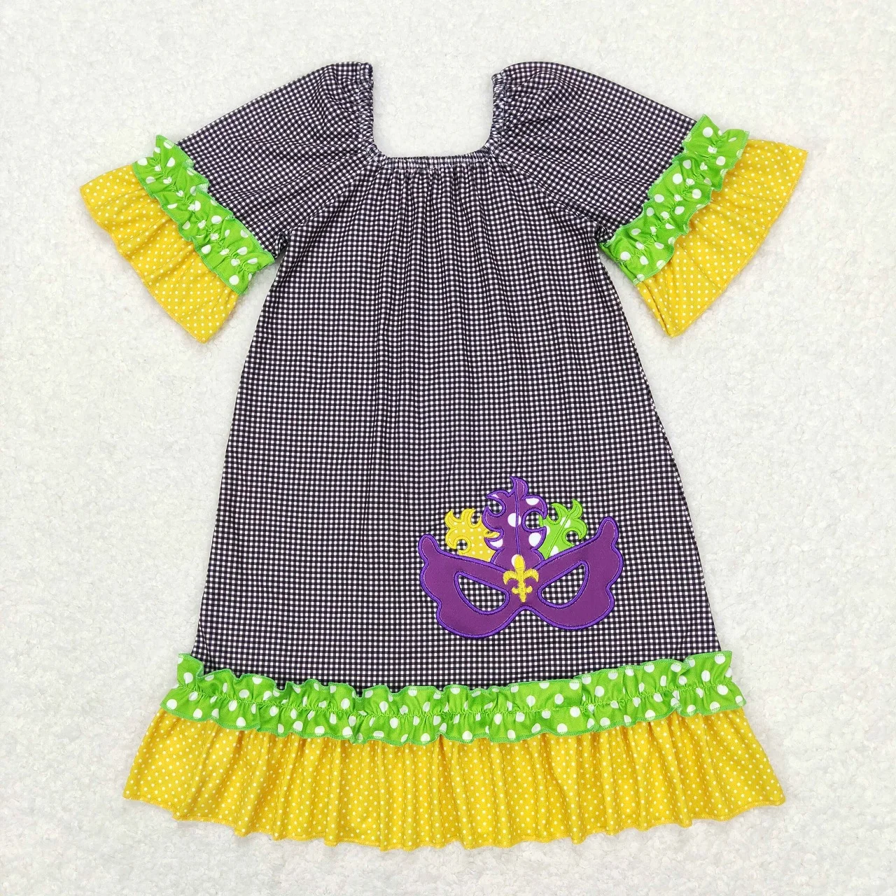 Wholesale Baby Girl Mardi Gras Plaid Ruffle Dress Infant Toddler Short Sleeves Kids Children Knee Length Embroidery One Piece