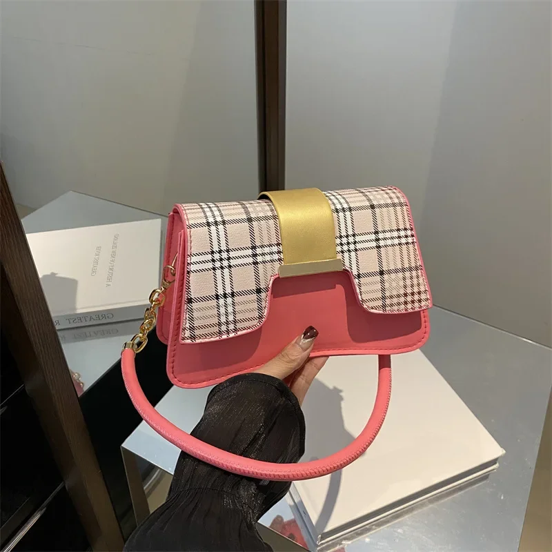Fashion high-end plaid single shoulder armpit bag women's simple casual contrasting color small square bag