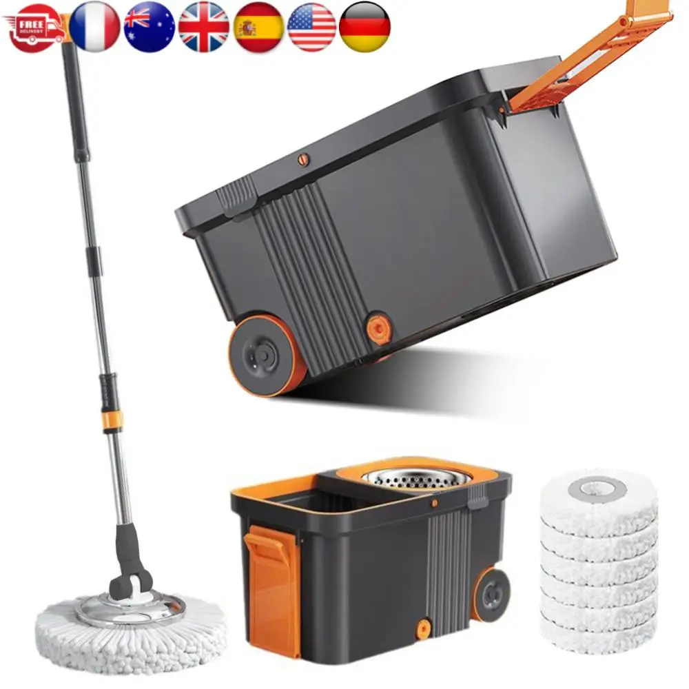 

Rotary Spin Mop with Bucket 6 Replacement Heads Refills Extended Handle Automatic Dehydration Hand-Free Home Floor Cleaning Mop
