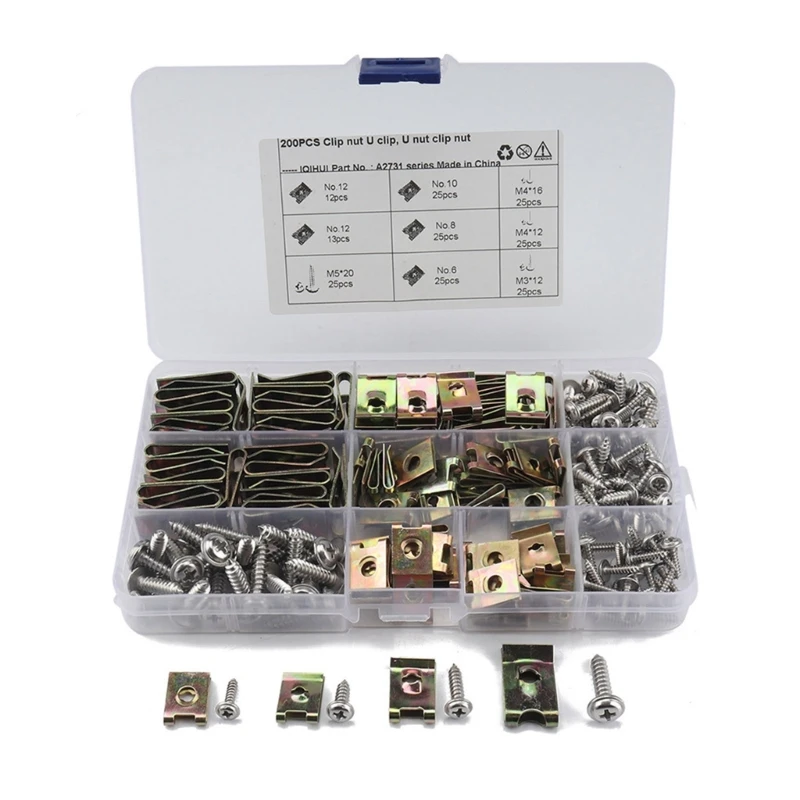 

200Pcs Metal No.6 8 10 12 Clips with Fasteners Flange Self Tapping Screws Parts Assortment