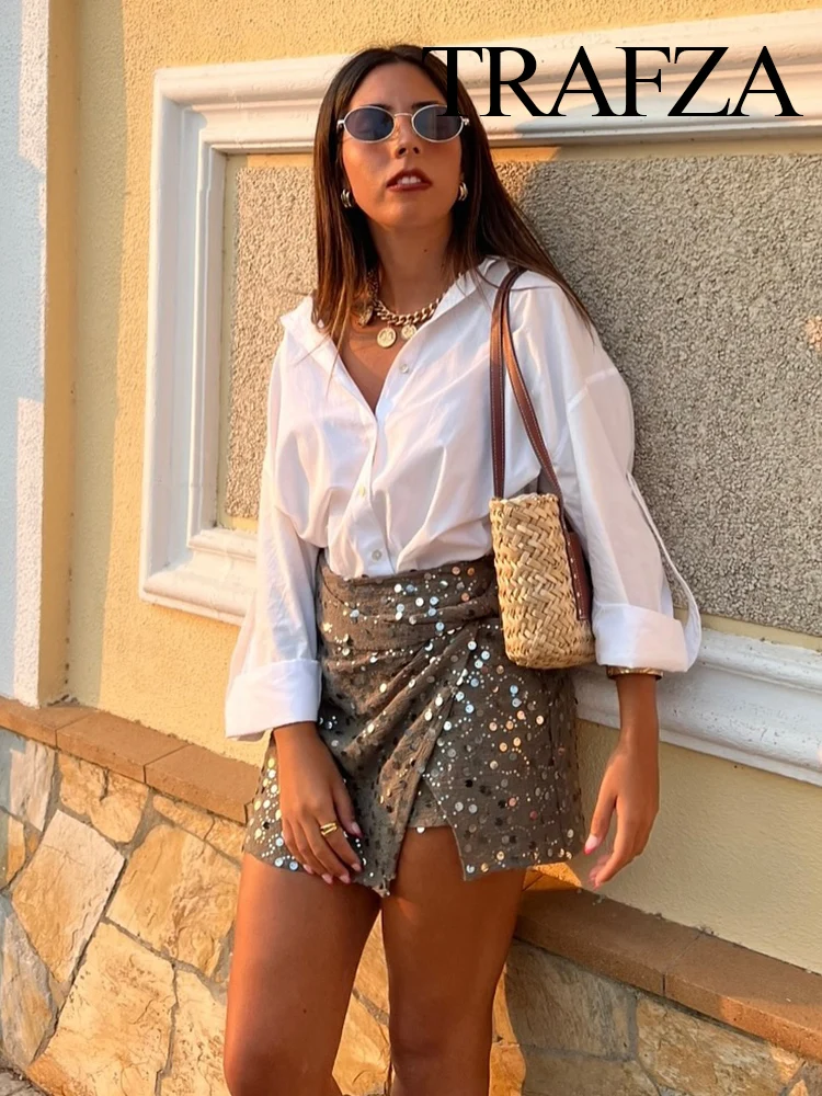 

HH Female Autumn Fashion Sequined Asymmetrical Mini Skirt Women's Solid Color A-line Side Zipper Lining Casual Slim Skirts