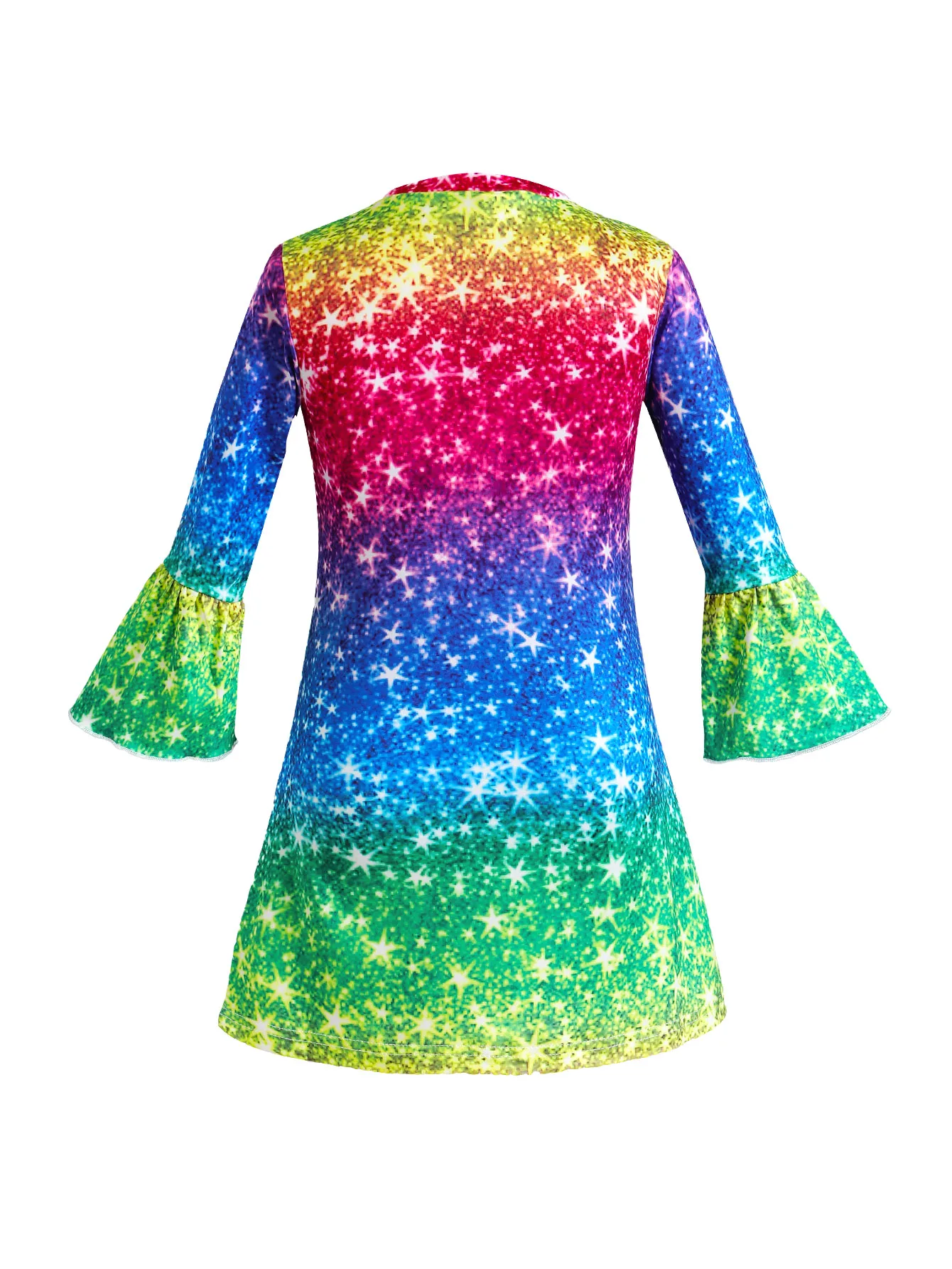 Girls' Casual 3D Printed Round Neck Bell Sleeve Dress Dance Skirt (Sleeve Gradient Color Random Print) Spring
