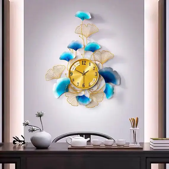 Chinese Wrought Iron Ginkgo Leaf Wall Clock Home Livingroom Background Sticker Crafts Hotel Club Bar Mural Decoration