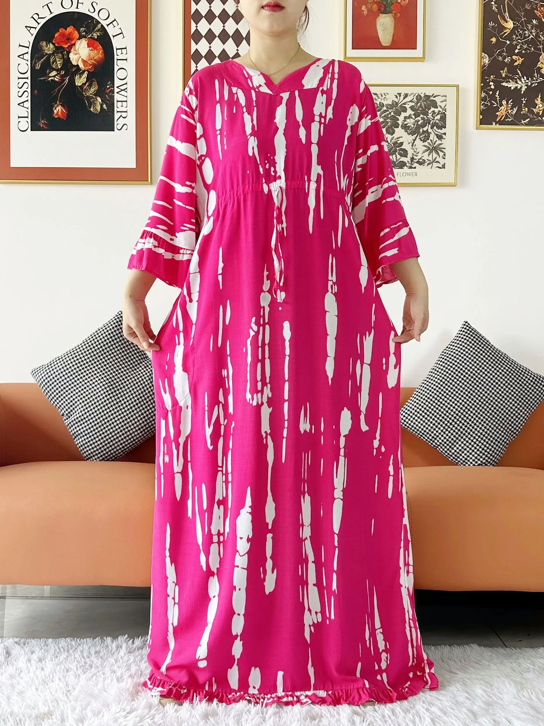 2024 New African Women Long Sleeve Abaya Dashiki Cotton Floral Dress Printing Loose Caftan Dress with Scarf Casual Vestido