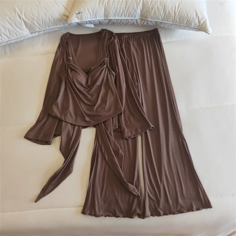 Casual Chest Pad Sling Shirt Long Sleeve Pajamas Women Autumn Winter Night Wear Pyjamas Three Pieces Set Korean Home Clothes