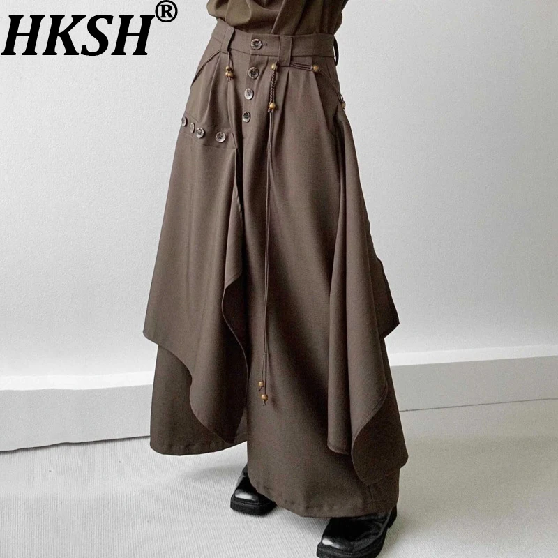 

HKSH Spring Autumn New Men Japanese Style Yamamoto Niche Design Vintage High-End Buttons Patchwork Wide Leg Pants Skirt HK16519
