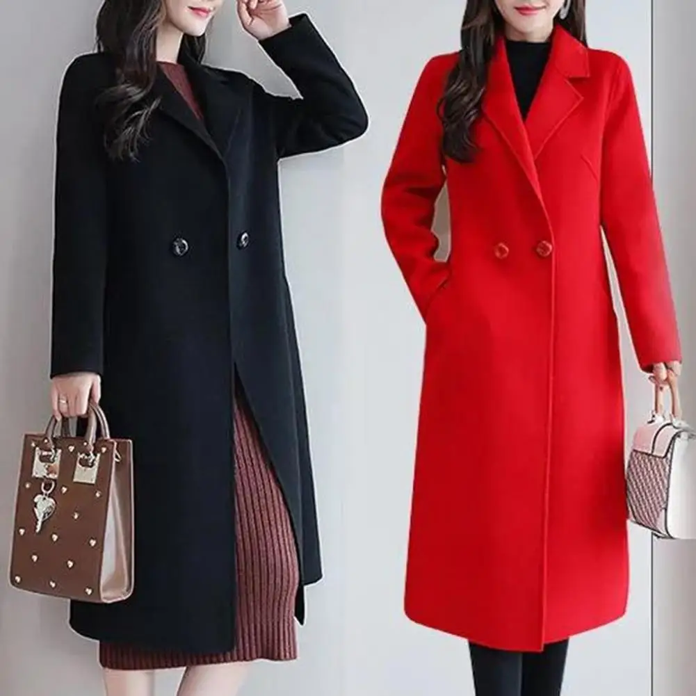 Elegant Women Jacket Autumn Winter Woolen Coat Long Lapel Two Buttons Pockets Mid-length Jacket Woolen Cardigan Outwear