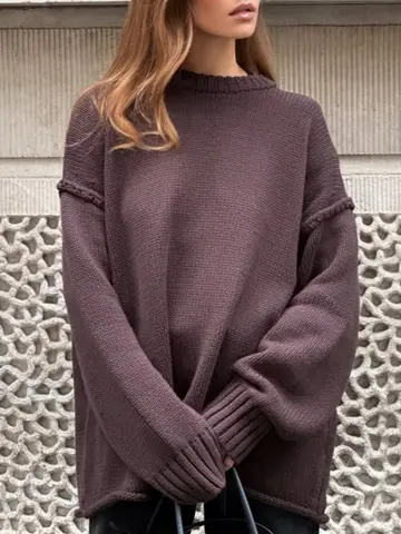 Autumn Fashion Dark Brown Loose Knitted Pullovers Women Casual O-neck Long Sleeve Thick White Sweater 2025 Winter Women Knitwear