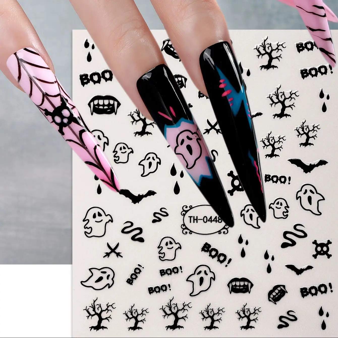 4 stücke schwarz rosa lila Halloween Nail Art Aufkleber Spinnennetz Knochen Ghost Cross Design selbst klebende Nagel abziehbilder für Maniküre Dekor