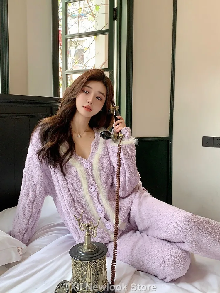 

TXii Newlook Fleece-lined Thickened Coral Fleece Pajamas Women's Autumn and Winter 2023 New High-end Wearing Outfit Home Suit