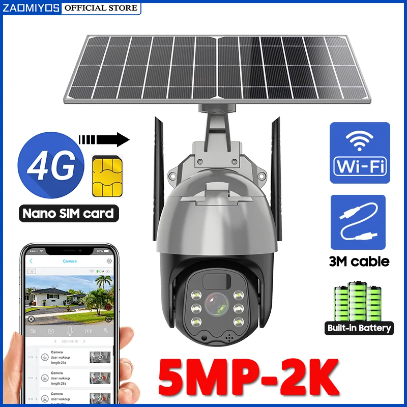 

ZAOMIYOS 5-мегапиксельная солнечная камера, перезаряжаемая 4G SIM-карта/WIFI PTZ-видеонаблюдение, уличные водонепроницаемые камеры безопасности, PIR, цветная ночь