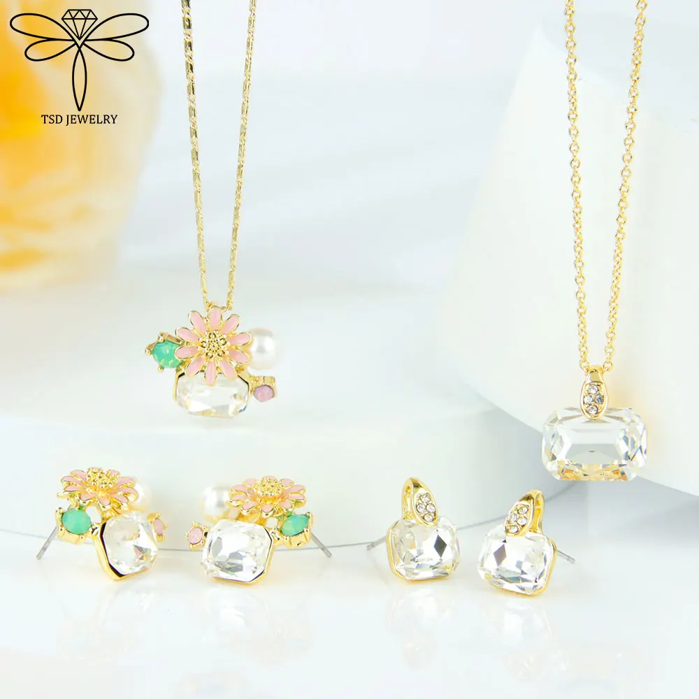 

Fashion Shiny Luxury Crystal Necklace Stud Earrings Women Vintage Geometric Design Modern Popular Statement Jewelry Accessories