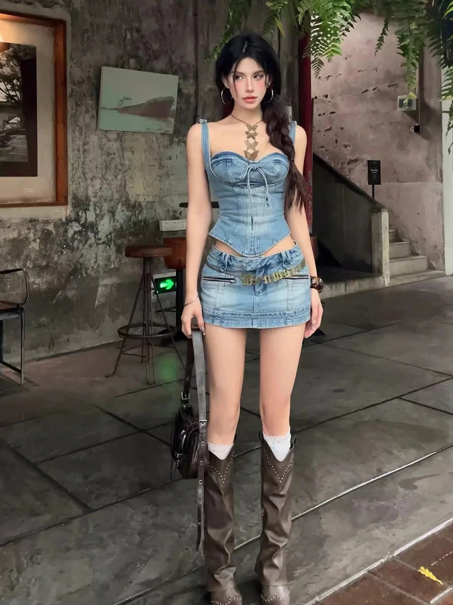 ReddaChic Low Waist Mini Skirt Crop Top Women Denim Suit Retro Ribbon Sweetheart Corset Tank Top Bodycon Skirt Grayu Y2k Clothes