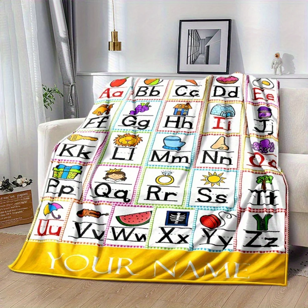 1pc Customizable Alphabet Learning Flannel Blanket Personalized Name Lightweight All-Season Throw for Home Office Camping Travel