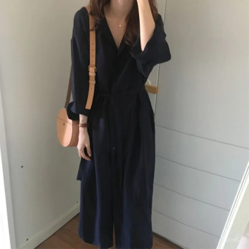 Maxi Shirt Dress Casual Turndown Neck Button Belt Slim Long Dress Ladies Streetwear 2023 Women Autumn Clothes