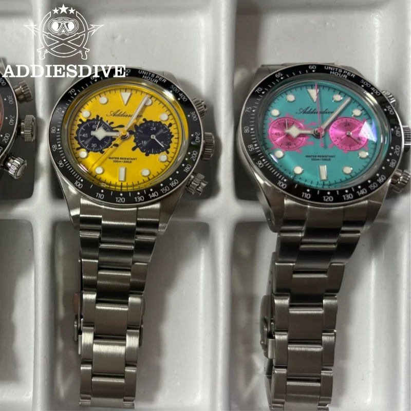 

ADDIESDIVE 40mm Watch For Men 10Bar Diver 316L Stainless Steel “Paint Bucket” VK64 Chronograph BGW9 Blue Luminous Quartz Watch