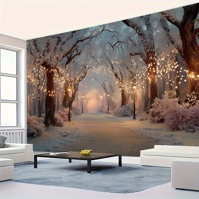 2D Flat, 1pc Winter Wonderland Snow Scene Light-Up Backdrop - Enchanting Forest Pathway with Snowy Trees & Twinkling Lights
