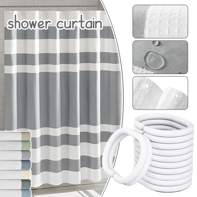 

Waterproof Striped Fabric Shower Curtain Soft Polyester Bath Curtain for Bathroom Decor with Rustproof Hooks Accessory
