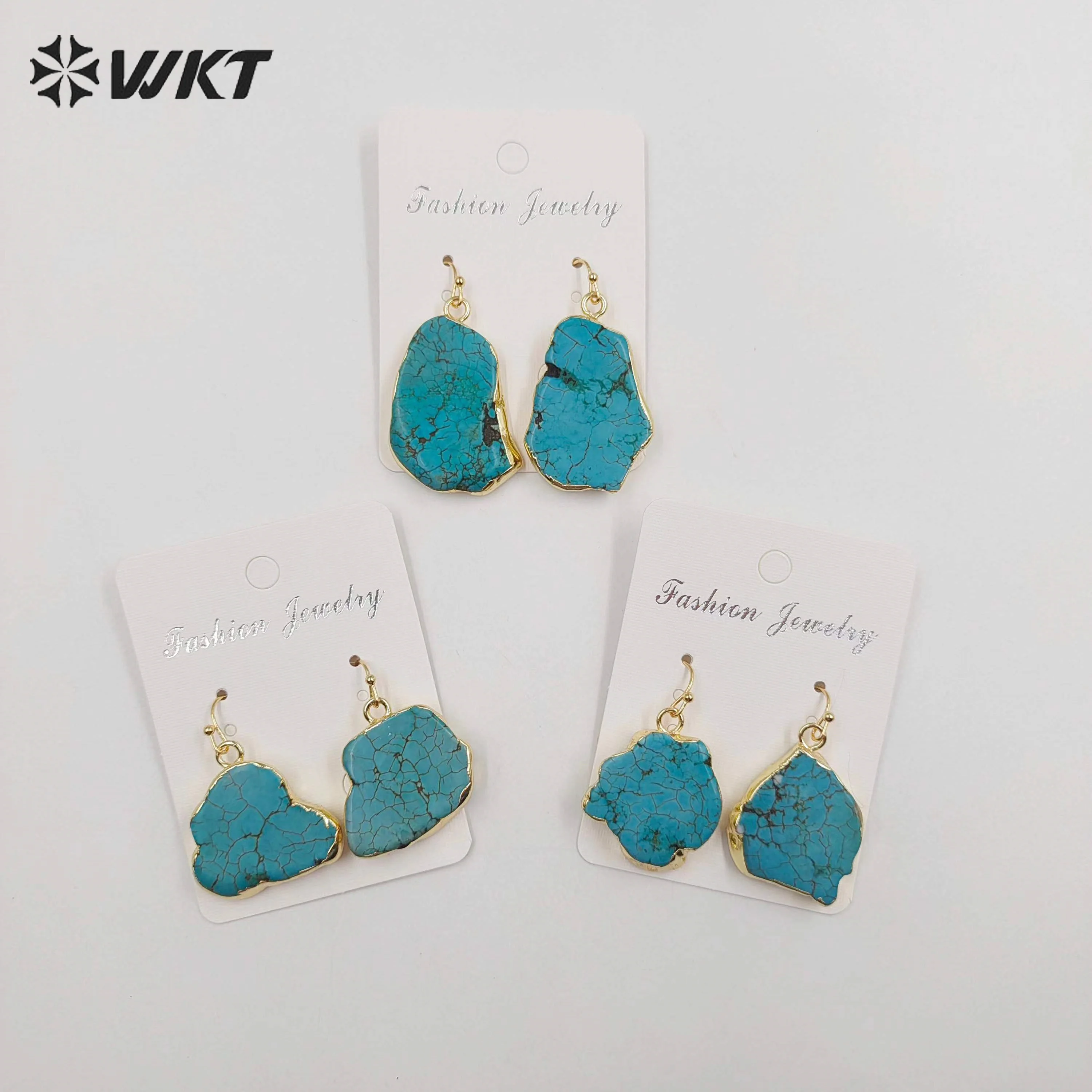 

WT-E054 Новый стиль, натуральная бирюза с золотой отделкой по краям и неправильной формы для женщин, повседневное украшение