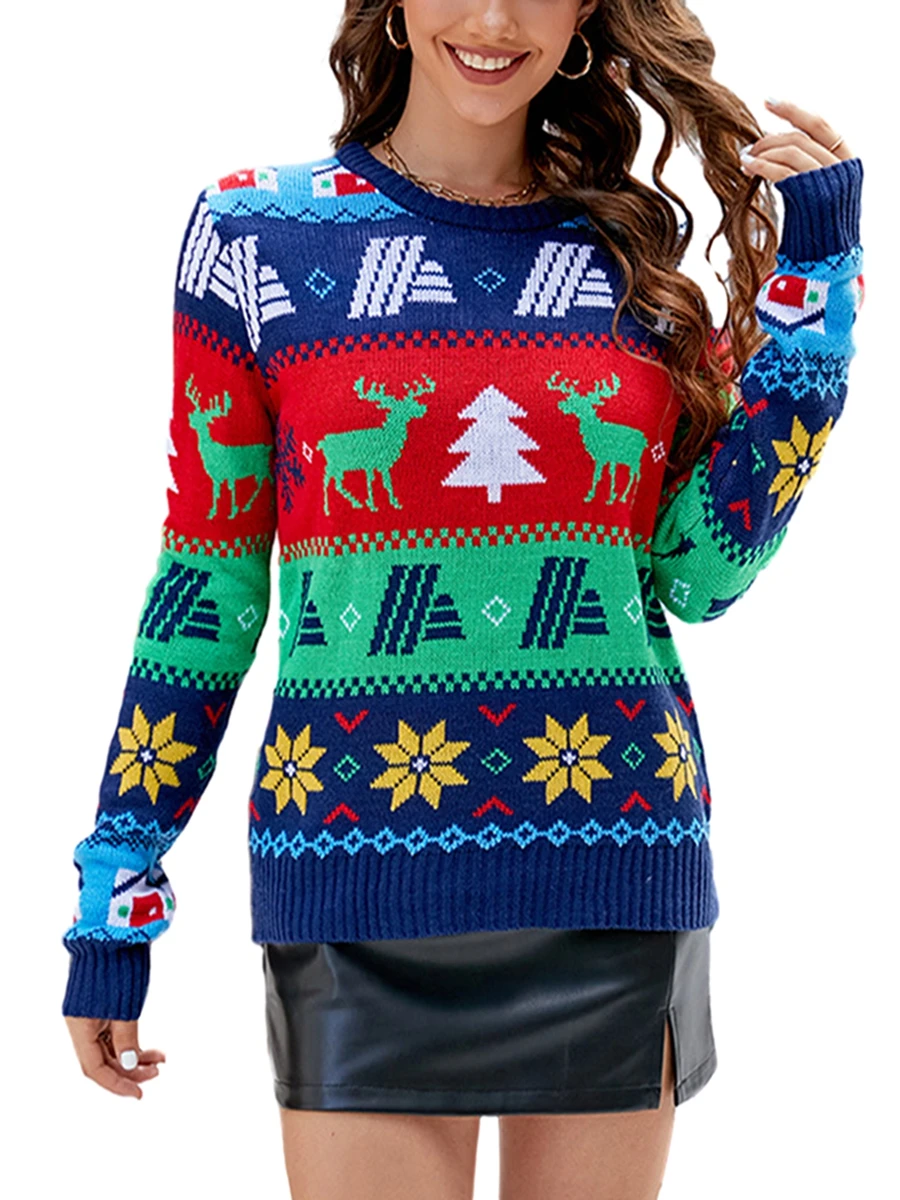 

Women's Christmas Sweaters Long Sleeve Round Neck Contrast Color Pullover Casual Knit Tops