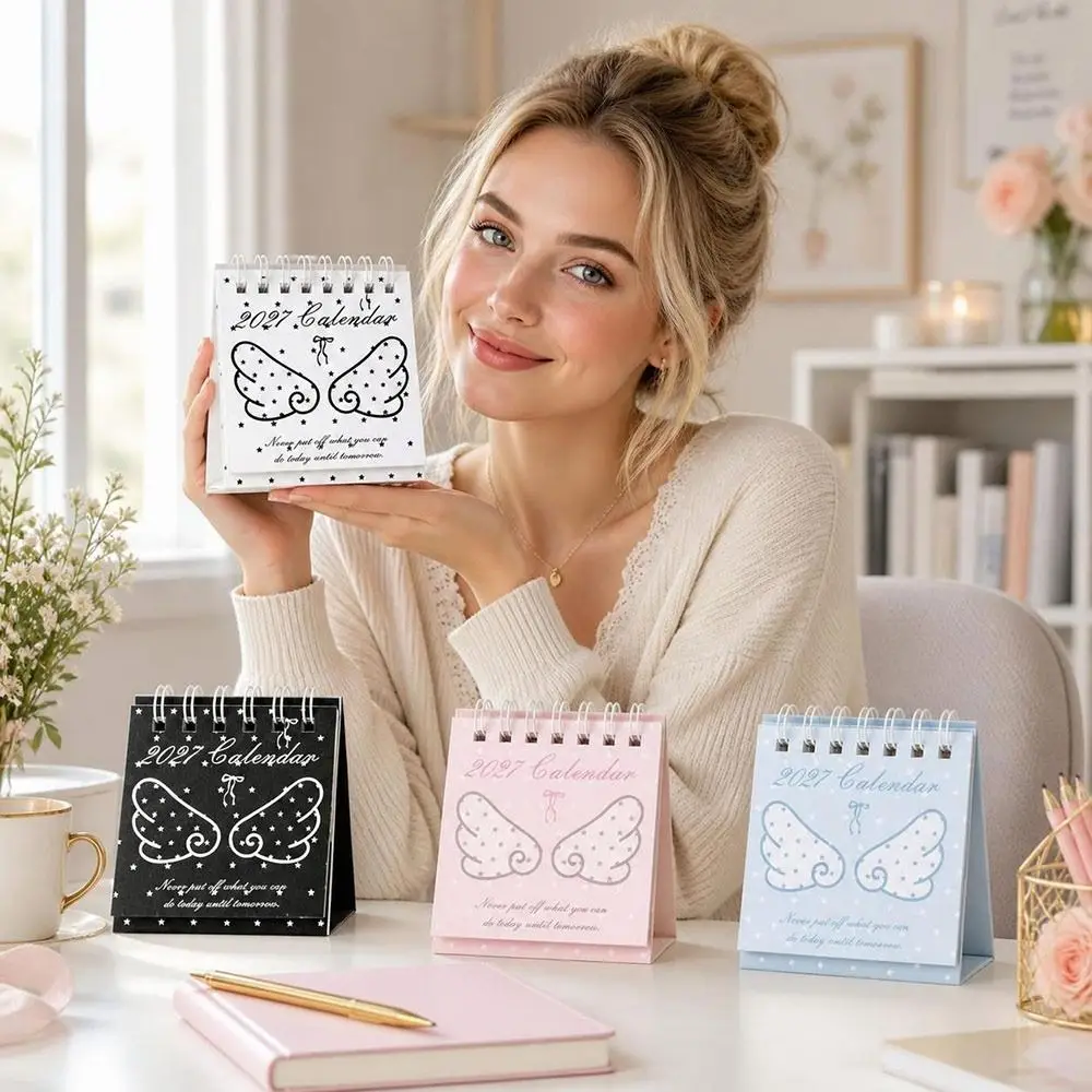 Paper Tabletop Calendar Spiral Bound Angel Wing Pattern Spiral Desk Calendar Standing Star Pattern Mini Desk Calendar