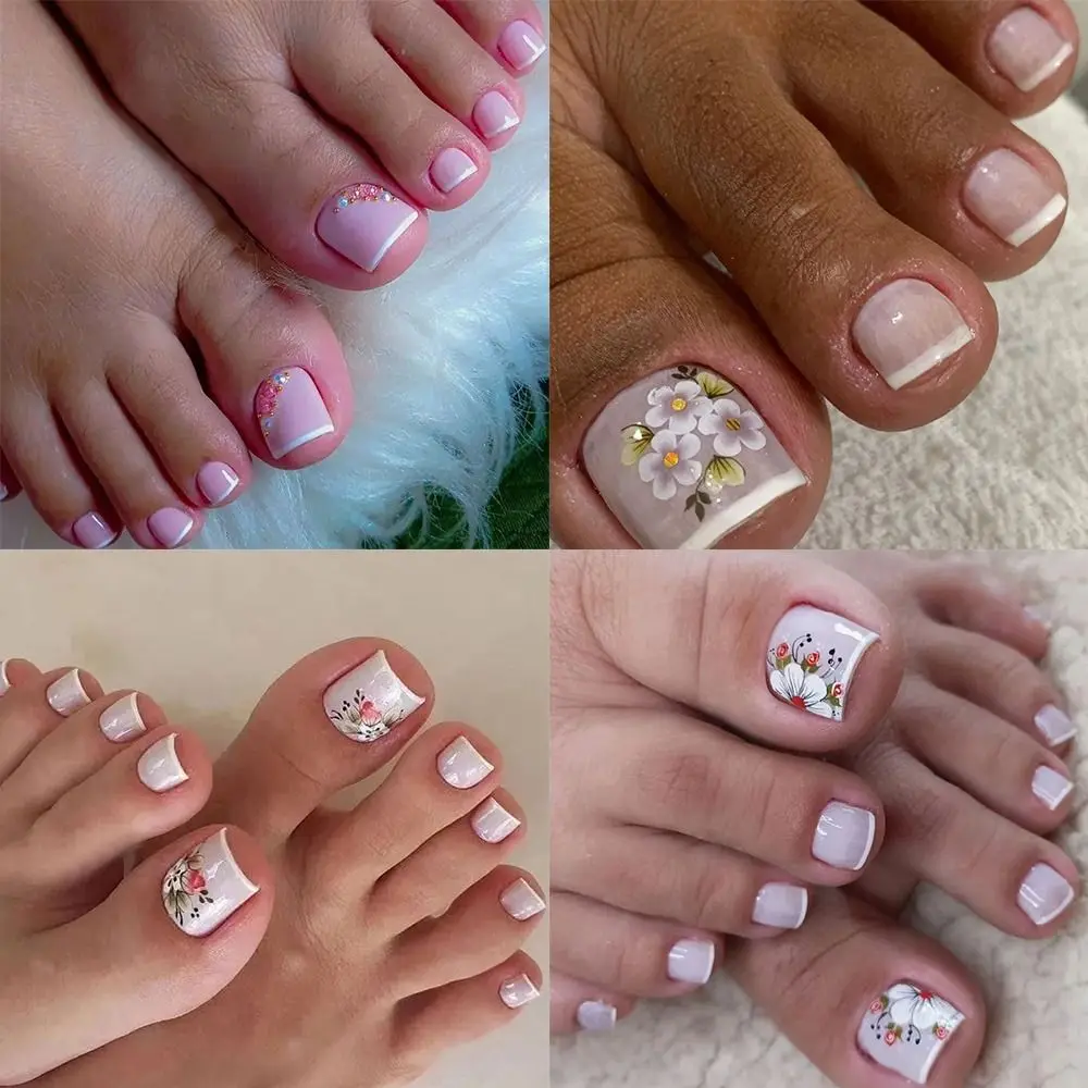 24pcs Girls Full Cover Short Toe Nails Fake Toenails Gold Spring Summer Flowers French