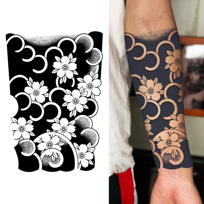 1 Sheet Juice Herbal Tattoo Stickers Waterproof Non-reflective Japanese Fashion Wave Cherry Blossom Men's Arm Temporary Tattoo