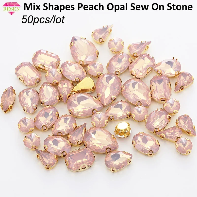 RESEN 50PCS Mix Shapes Champagne Sew On Stones With Gold Bottom Claw Set Peach Opal Rhinestones DIY Clothing Accessories