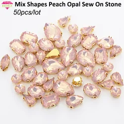 RESEN 50PCS Mix Shapes Champagne Sew On Stones With Gold Bottom Claw Set Peach Opal Rhinestones DIY Clothing Accessories