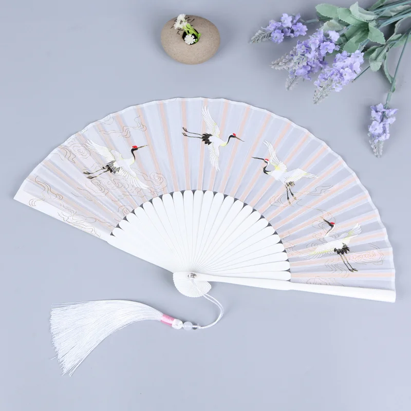 6 inch crane silk folding fan for women portable Chinoiserie style female fan craftsmanship female fan antique style