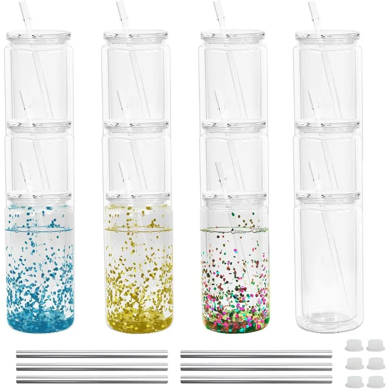 

16 oz Plastic Snow Globe Tumbler, Acrylic Snow Globe Cups, Double Wall Clear Plastic Cups with Lids and Straws