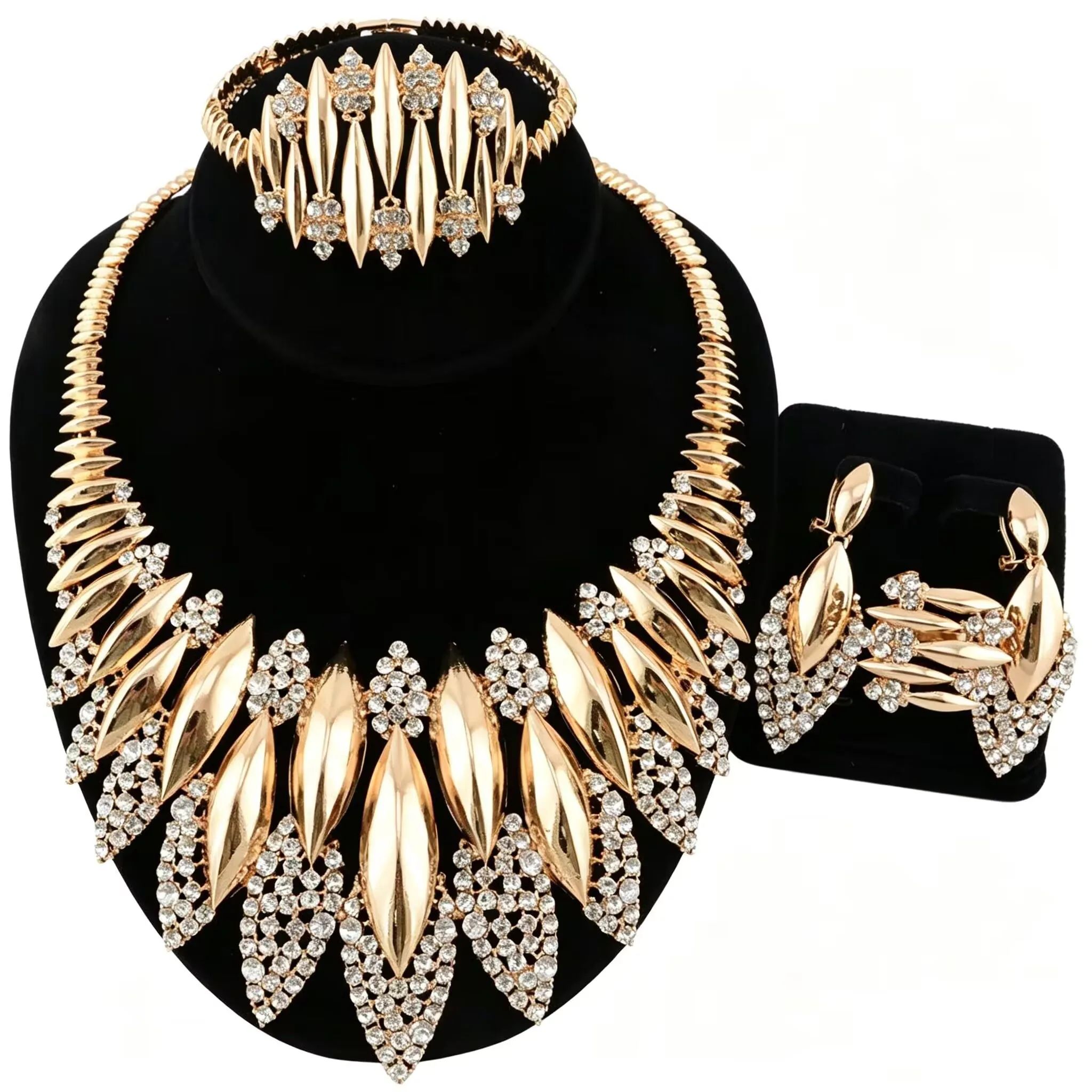 

Африканский набор из 4 предметов из прочного железного сплава: позолоченные свадебные украшения (колье, серьги, кольцо, браслет)