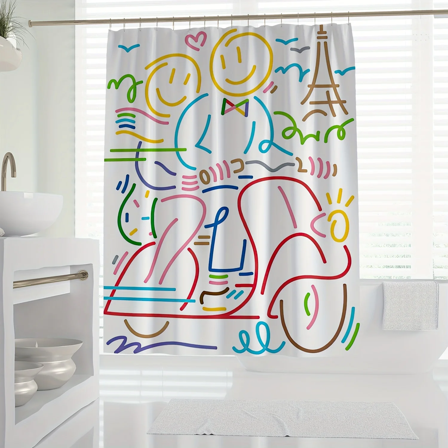 

1pc High Quality Polyester Shower Curtain - Modern Abstract Art Design with Vibrant Doodles, Hearts & Eiffel Tower Print Motifs,
