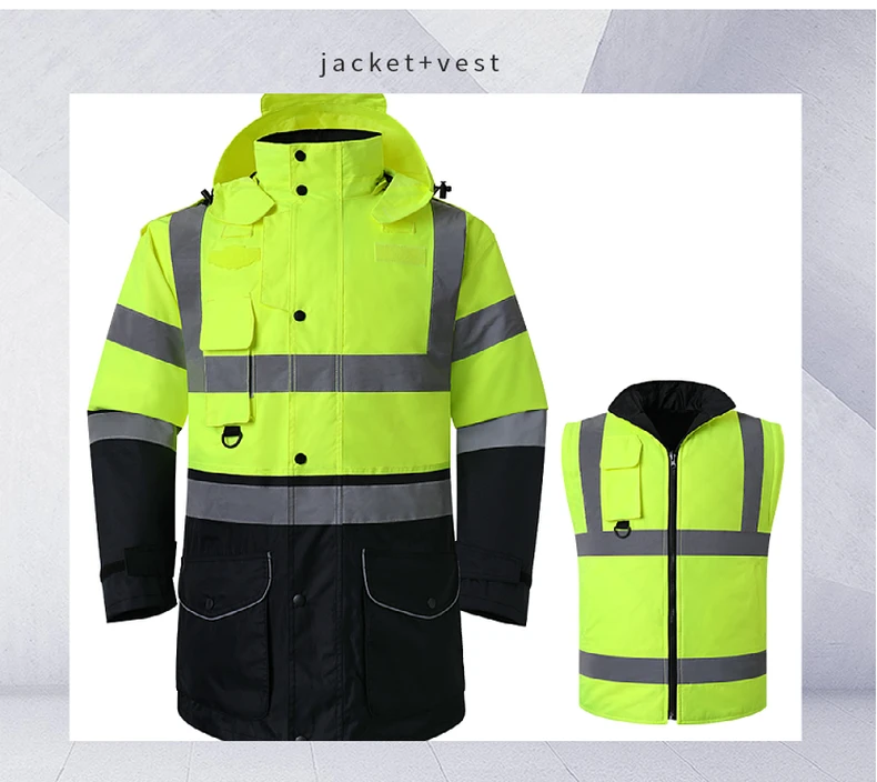Safety Jacket Reflective Waterproof Windproof Coldproof Hi Vis 7 in 1 Parka Windbreaker Workwear with Detachable Cotton Linner