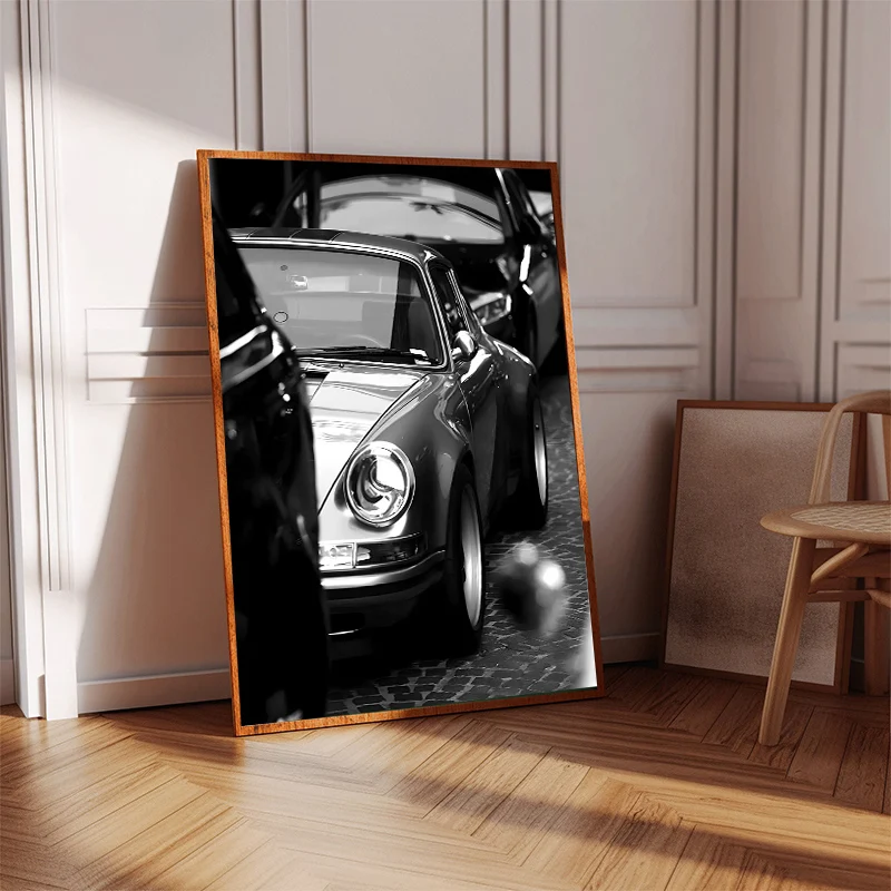Vintage Golfer Teeing on Car Poster  Black and White  Luxury Sport Car Photography Canvas Painting Print Living Room Home Decor