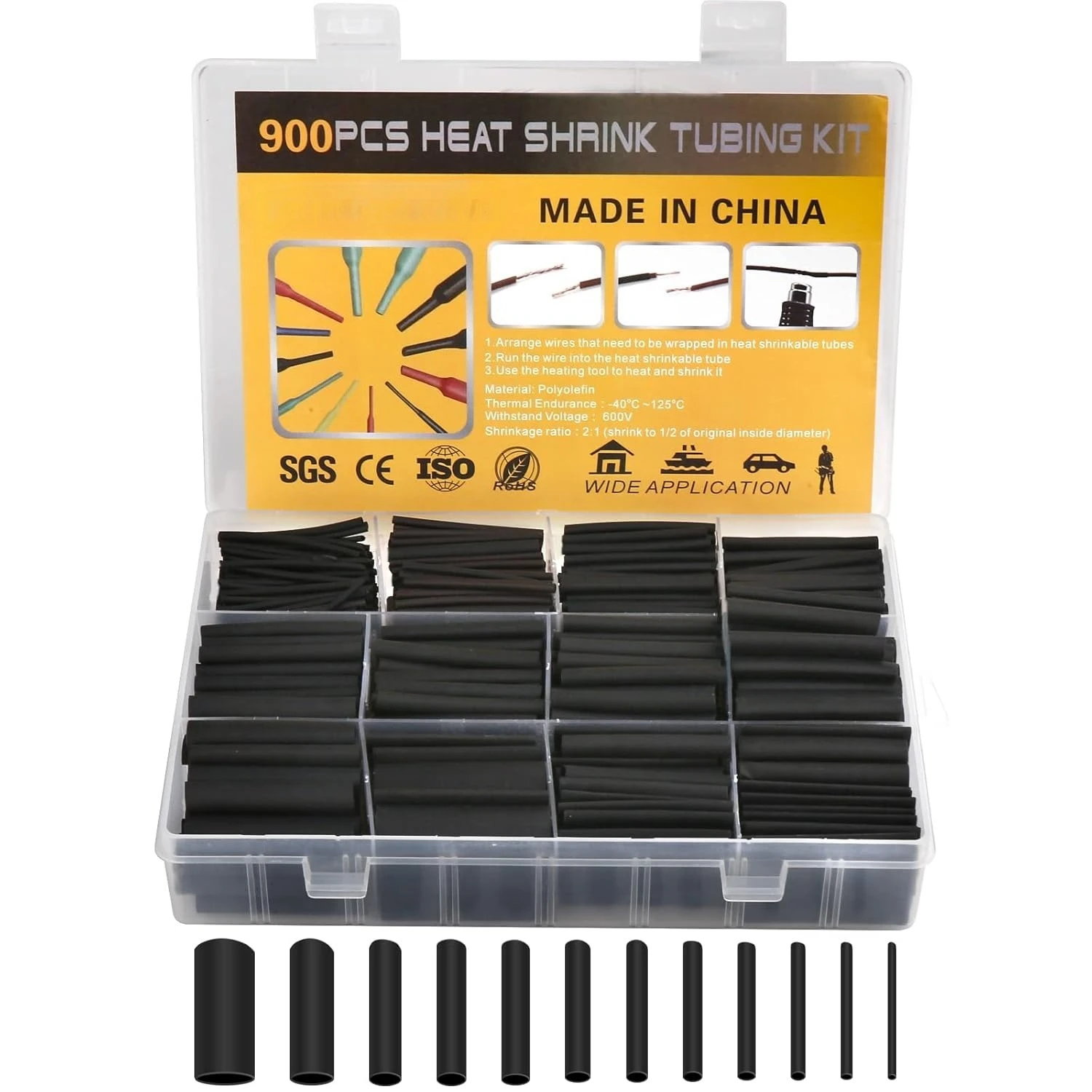 900Pcs Wire Heat Shrink Tubing Kit, Industrial Heat-Shrink Tubing for Wires 2:1 Marine Grade Heat Shrink Wrap (Black 12 Sizes)