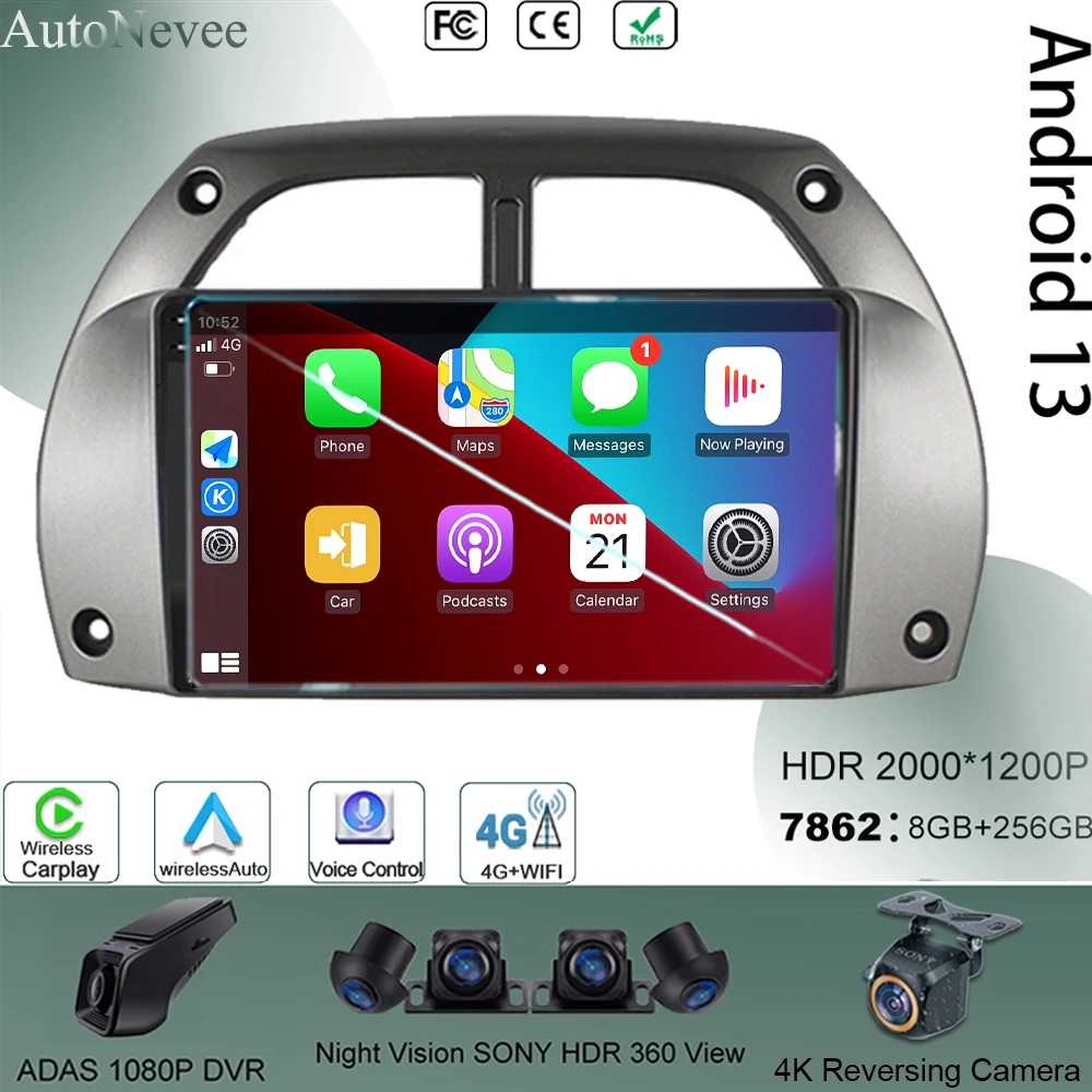 Autoradio 5G QLED Screen Android 13 For Toyota RAV4 4 2001-2006 Car Multimedia  HeadUnit  Player Bluetooth Monito Navigation GPS