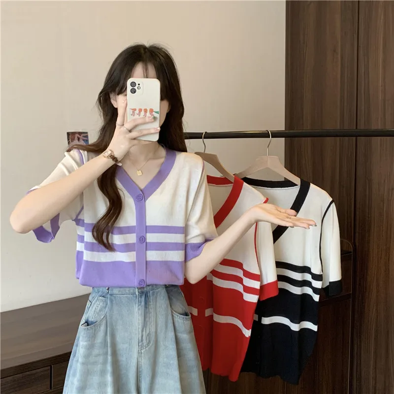 Summer Thin Ice Silk Striped Tshirt Sweater Women Short Sleeve V-neck Tees Tops Fashion Loose Stylish Ladies Knitwear Jumpers