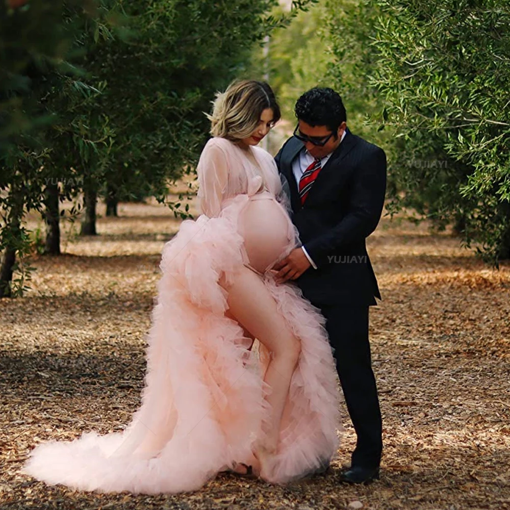 Customized Maternity Dresses Sheer Tiered Ruffles Pink Gown Photoshoot Babyshower Fluffy Split Women Pregancy Maternity Robe