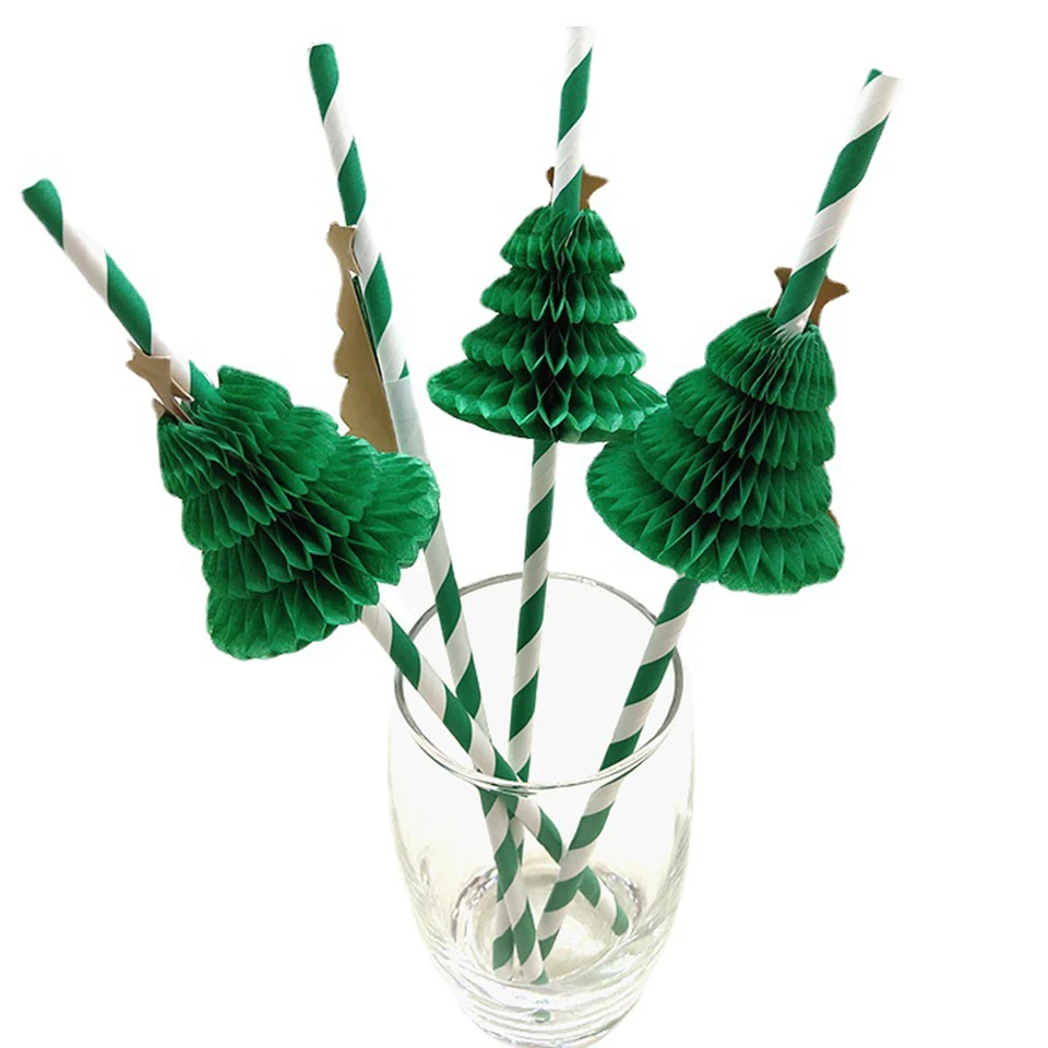 10/20PCS Christmas Paper Straws Honeycomb Christmas Tree Shape Cake Toppers for Merry Xmas Decorations Noel DIY Party Supplies