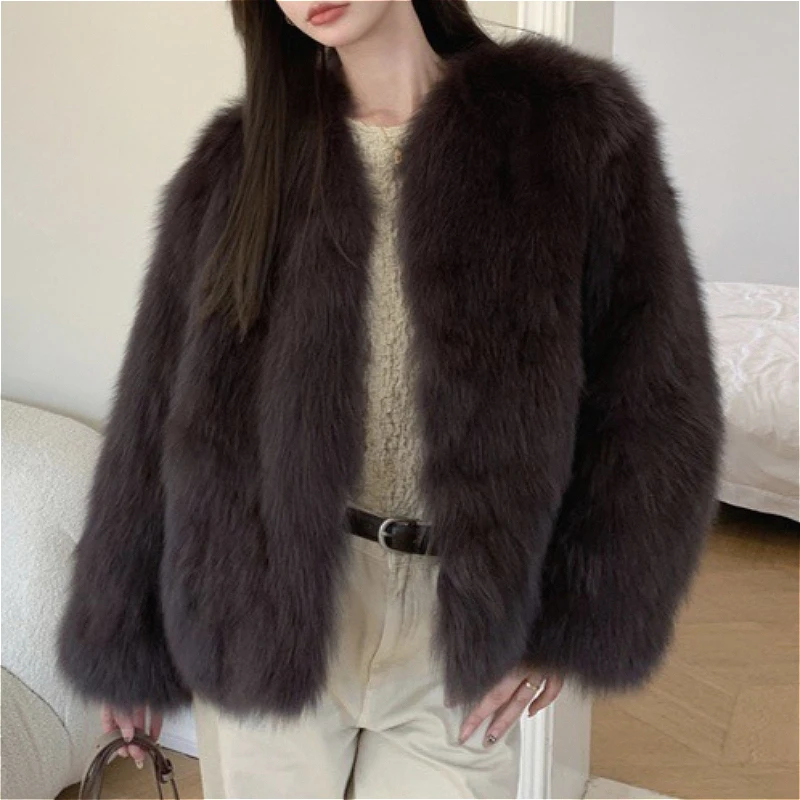 Faux Fox Fur Coats Women Solid Fur Jackets Cotton Linen Round Neck Long Sleeves Open Stitch Loose Fit Casual 2026 Autumn Winter