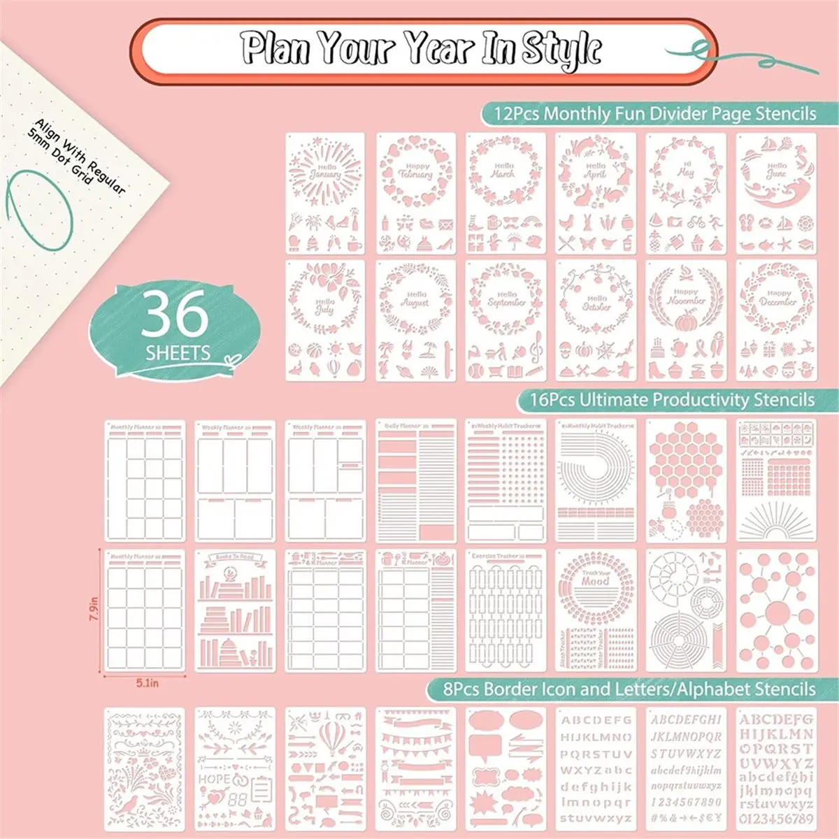 AB09 Journal Stencils Kit (36PCS) - Planner Accessories Log Printing Template for Ournaling Hollow Painting Template