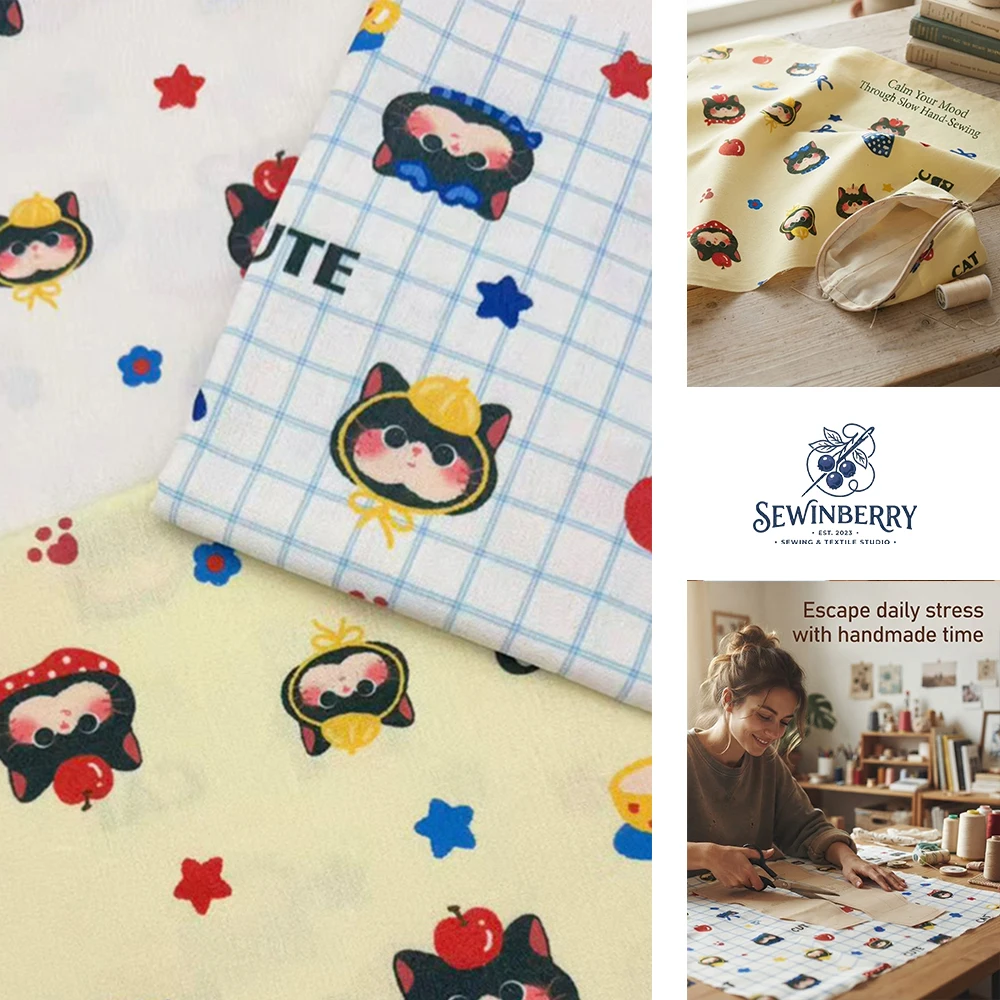 Cute Black Cat Apple Star Check Print Cotton Fabric Stress Relief DIY Sewing Material For Girls Dress Doll Outfit Kids Handmade