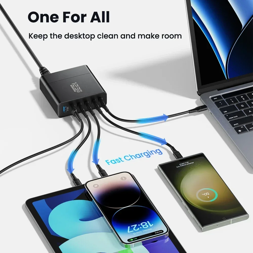 123W GaN USB C Fast Charger For Macbook iPad Tablet Quick Charge 4.0 PD3.0 Multi Port Charging Station For iPhone 15 14 Samsung