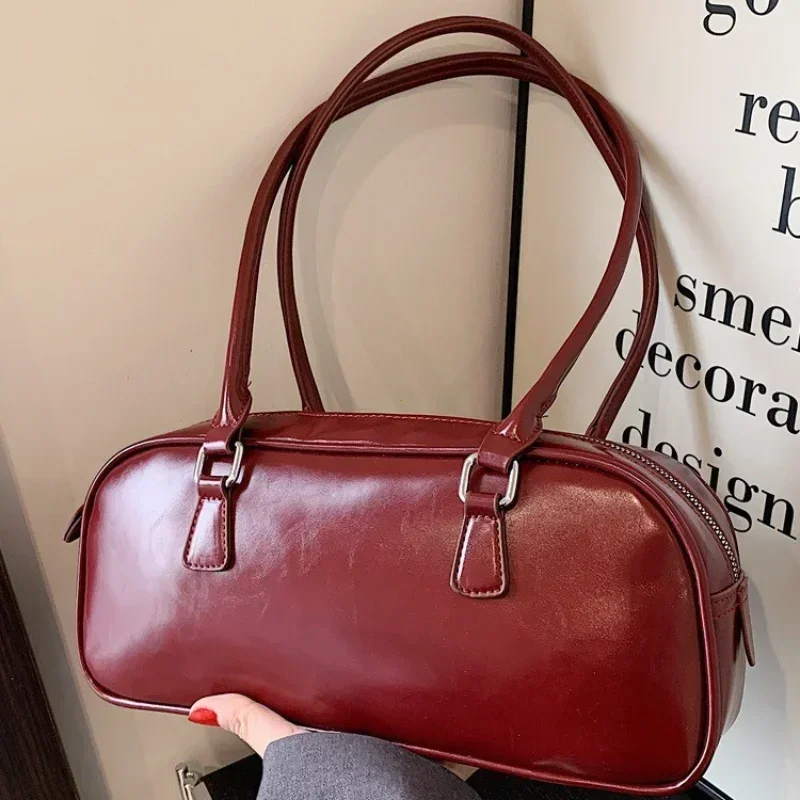 

Solid Color PU Leather Underarm Bags For Women 2026 Spring Korean Fashion Retro Simple Shoulder Bag Lady Handbags And Purses