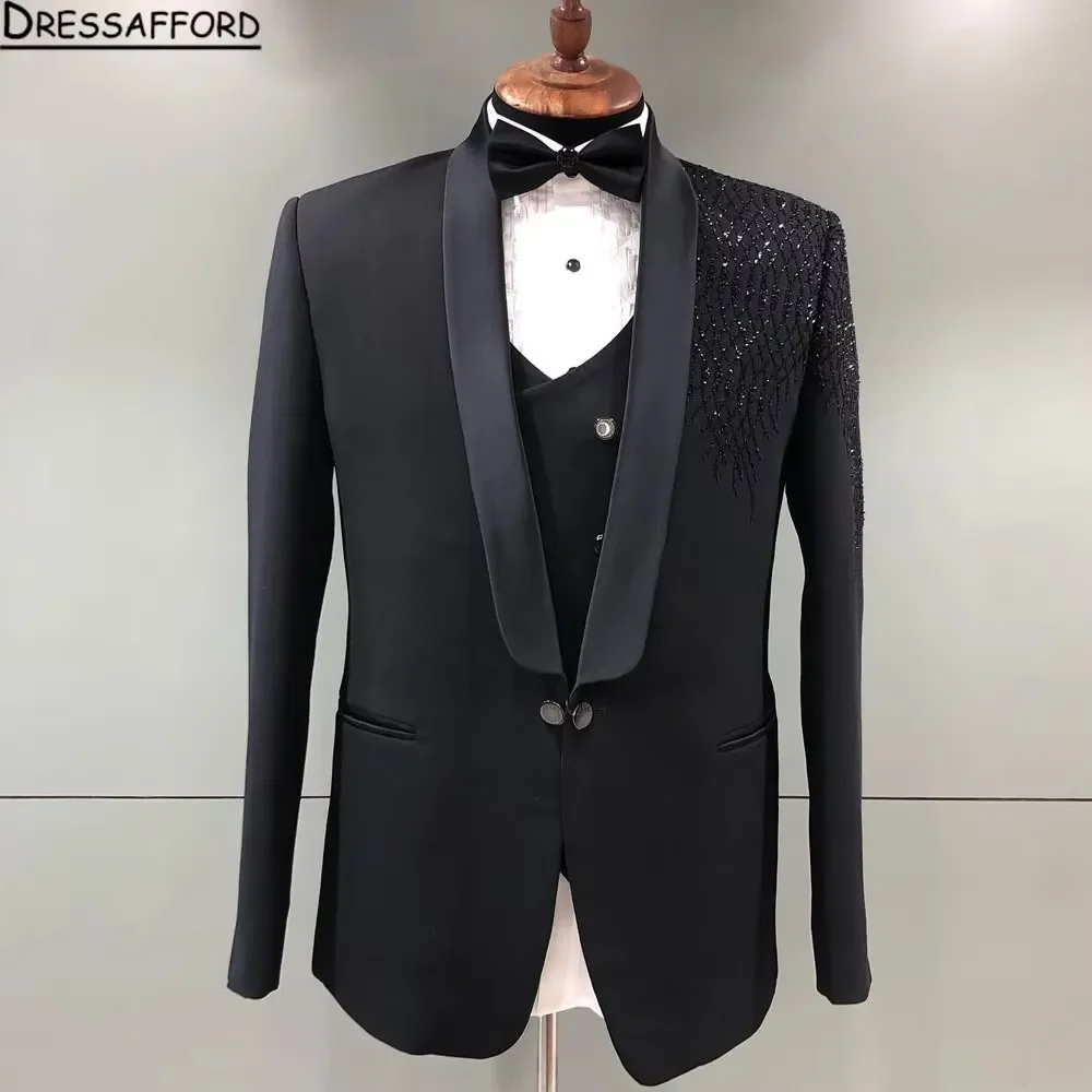 Black Two Pieces Blazers Men Suits Fashion Pearls Beading Banquet Business Jacket Pants Trousers