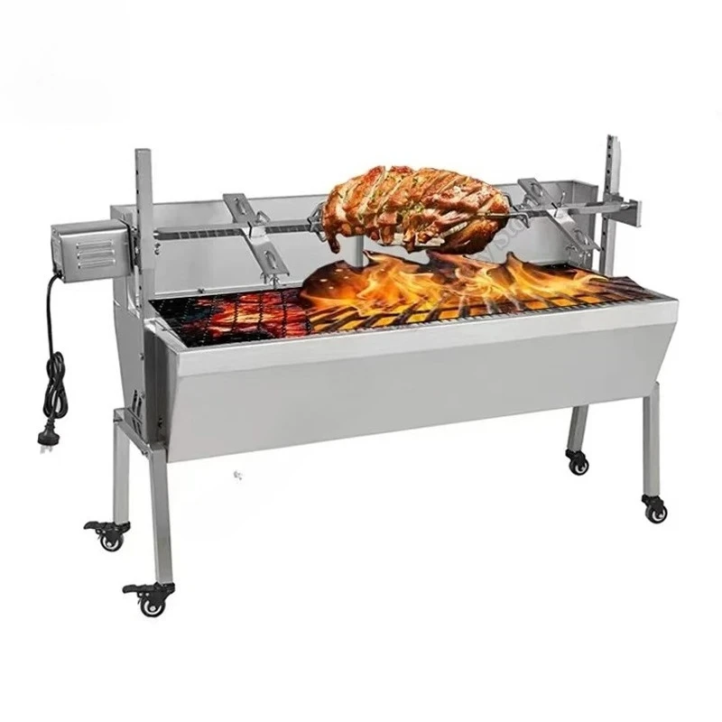 Electric Barbecue Grill Stainless Steel Charcoal Spit Roaster 25W Motor Adjustable Height Casters Manual Barbecue Grill