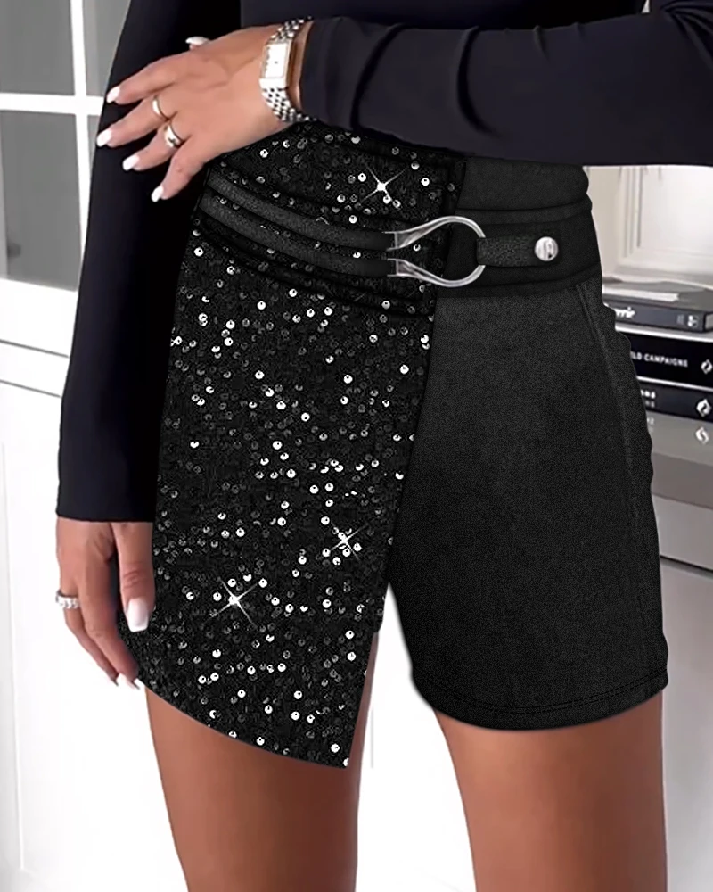 2024 Women Velvet Contrast Sequin Buckled Skorts Skirts