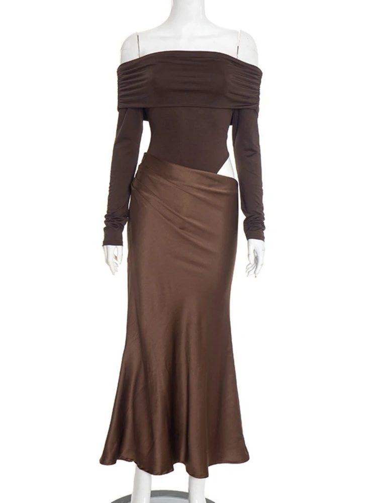 SsTss Vestido largo de manga larga con hombros descubiertos para mujer, elegante vestido con cuello oblicuo recortado, ajustado, de satén, con retazos, para fiesta de medianoche, 2025