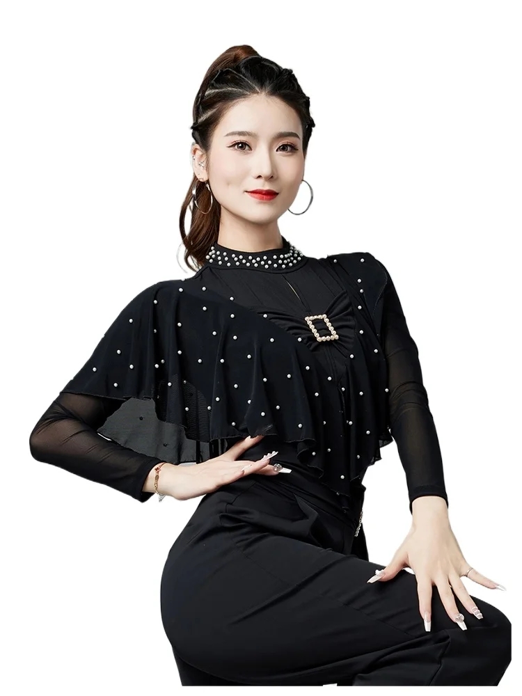 

Professional Lady Modern Dance Top Women New Latin Dancing Jumpsuit Modern Dance Social Dance Waltz Collar Lotus Leaf Jumpsuit